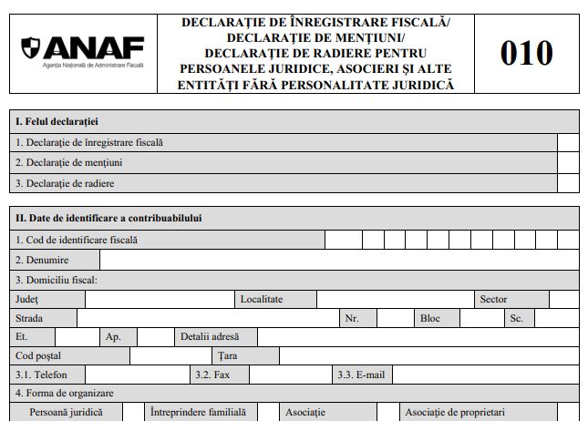 ANAF actualizeaza formularele de inregistrare fiscala 010, 015 si 700