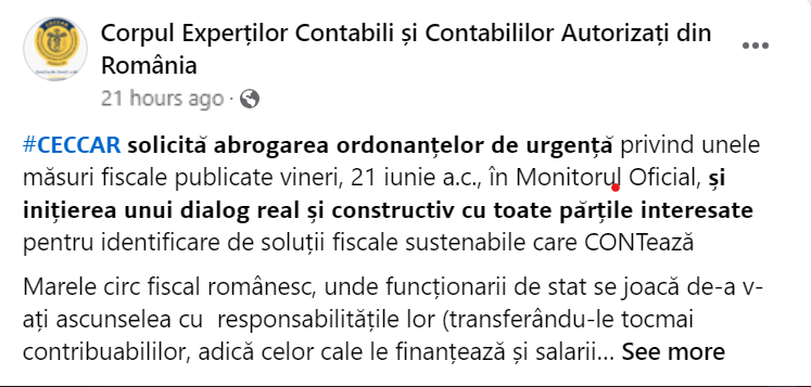 CECCAR solicita abrogarea ordonanțelor de urgenta privind unele masuri fiscale