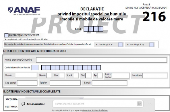Taxa pe lux: ANAF actualizeaza Formularul 216 dupa majorarea impozitului la 0,9% pentru case si masini scumpe